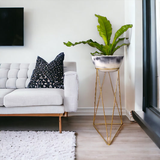 Matera Bowl de Cemento 14x29 cm Mármol Negro + Base Metalica Dorada 70 cm