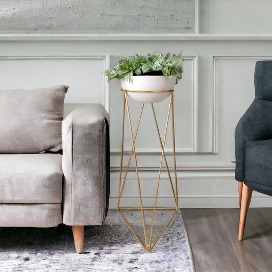 Matera Bowl de Cemento 11x24 cm Blanco + Base Metalica Dorada 60 cm