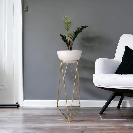 Matera Bowl de Cemento 14x29 cm Blanco + Base Metalica Dorada 70 cm